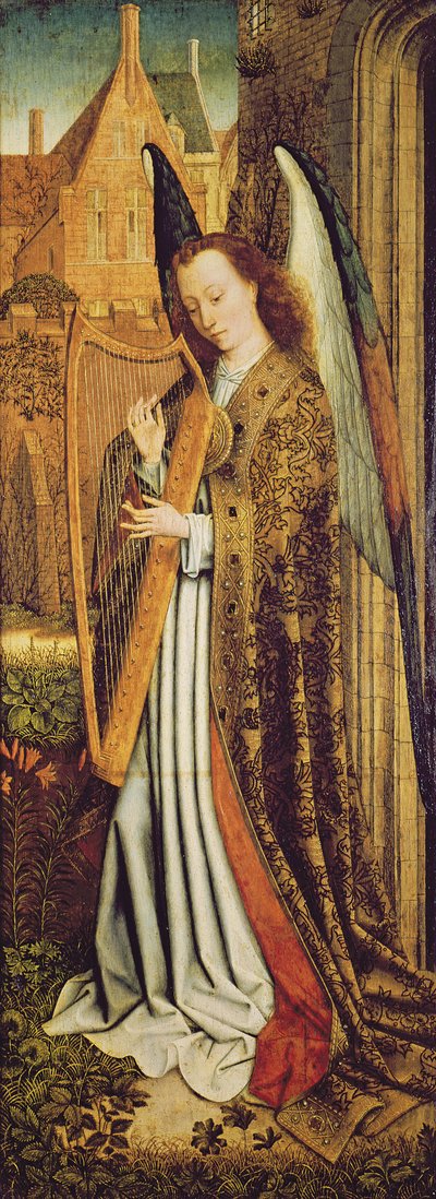 The Virgin and Child with Angels, right hand panel depicting an angel musician by Master of the Embroidered Foliage